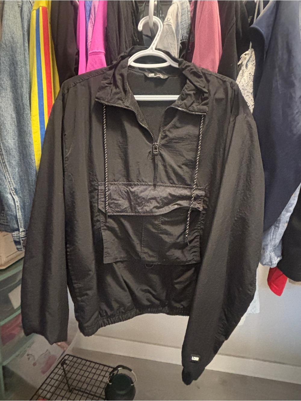 Unisex Black Anorak Pullover Jacket - Lightweight Windbreaker